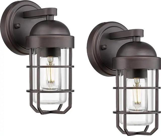 Main image of Emliviar Farmhouse Outdoor Wall Sconces, 2 Pack Vintage Exterior Light Fixtures with Nautical Metal Cage and Tempered Glass, Oil Rubbed Bronze Finish, GE255B-2PK ORB