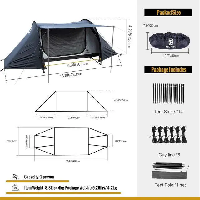 Alt view image 3 of 7 - OneTigris COMETA Camping Tent, Detachable Inner Mesh Tent & Portable Carry Bag Included, Easy Setup, Waterproof Windproof Tunnel Tent for Outdoors Camping Canoeing Beach Travel Picnic