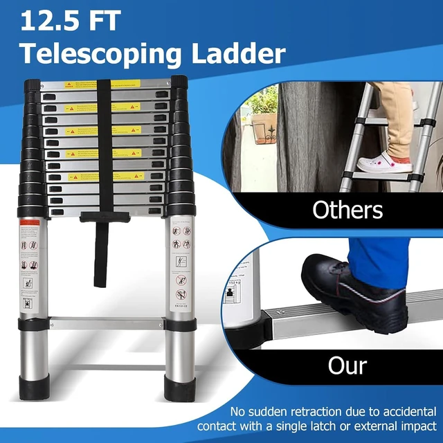 Alt view image 6 of 7 - WFLNHB 12.5 FT Telescoping Ladder Aluminum Extension Ladder Collapsible Suitable for Outdoor or Indoor