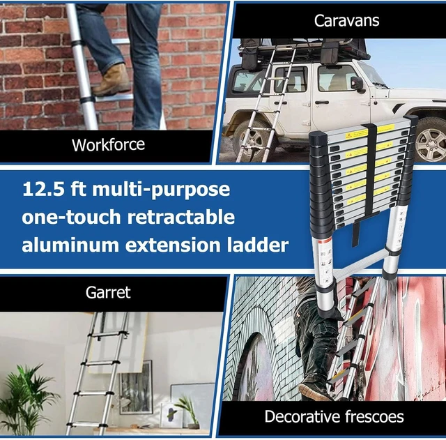 Alt view image 7 of 7 - WFLNHB 12.5 FT Telescoping Ladder Aluminum Extension Ladder Collapsible Suitable for Outdoor or Indoor