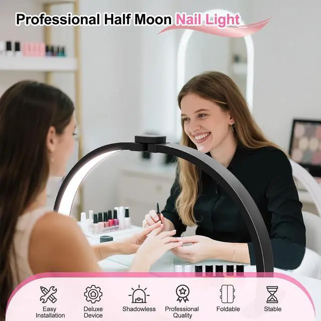 Alt view image 2 of 6 - Half Moon Light for Nail Desk: 29in LED Arch Nail Tech Table Lamp with Phone Holder - Salon Professional Desk Light 3 Color Modes & 10 Brightness Lighting for Manicure Technician UseBlack,Large