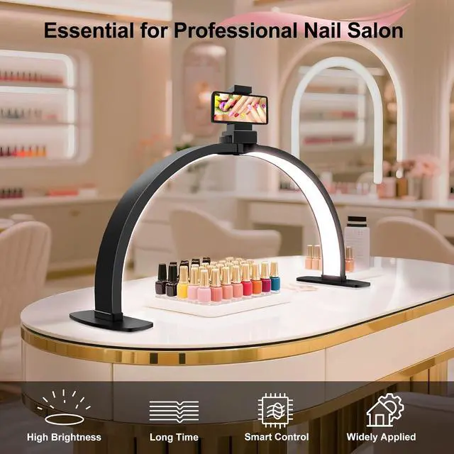 Alt view image 5 of 6 - Half Moon Light for Nail Desk: 29in LED Arch Nail Tech Table Lamp with Phone Holder - Salon Professional Desk Light 3 Color Modes & 10 Brightness Lighting for Manicure Technician UseBlack,Large