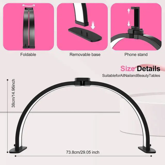 Alt view image 6 of 6 - Half Moon Light for Nail Desk: 29in LED Arch Nail Tech Table Lamp with Phone Holder - Salon Professional Desk Light 3 Color Modes & 10 Brightness Lighting for Manicure Technician UseBlack,Large