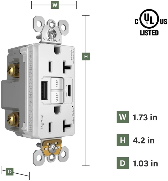 Alt view image 2 of 7 - Legrand Radiant 1597TRUSBCCW 15 Amp GFCI Self Test Tamper Resistant Decorator Duplex Outlet with USB Type C, White (1 Count)