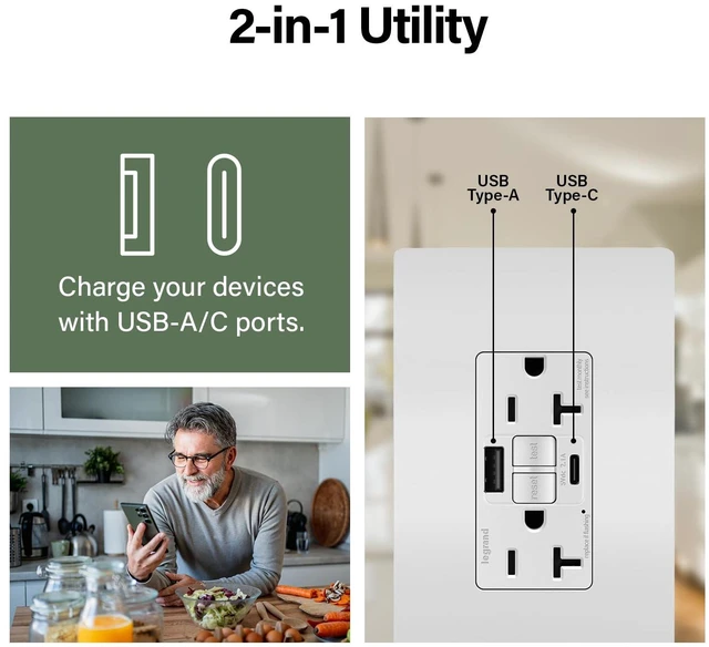 Alt view image 6 of 7 - Legrand Radiant 1597TRUSBCCW 15 Amp GFCI Self Test Tamper Resistant Decorator Duplex Outlet with USB Type C, White (1 Count)