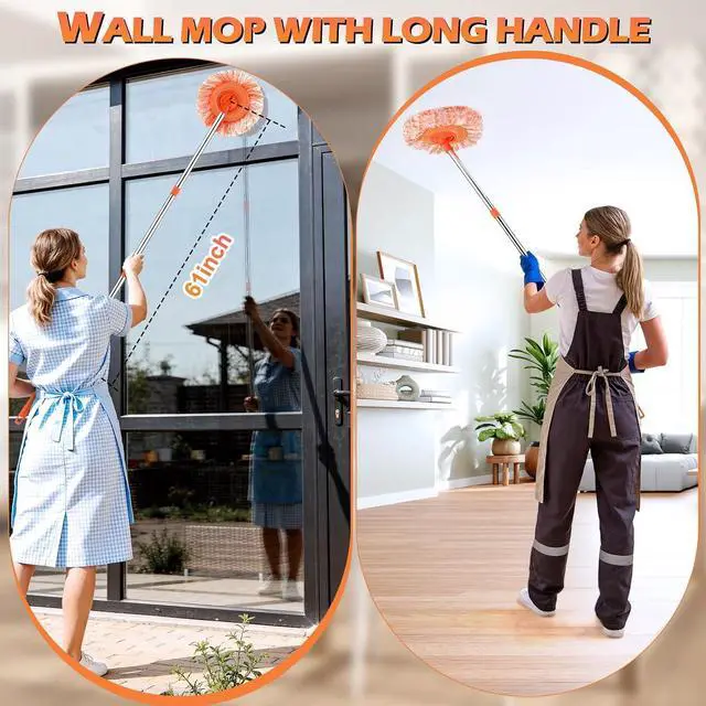 Alt view image 2 of 7 - 61 in Adjustable Cleaning Mop, Dolodomy 360° Rotatable Mops for Floor Cleaning with 4 Reusable Heads, 2 Fabrics Wall Mop for Floor Door Window Ceiling and Bathroom