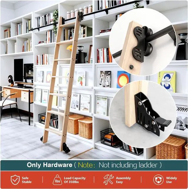 Alt view image 2 of 7 - 16FT Sliding Rolling Library Ladder Hardware Kit,Telescopic Rolling,Black