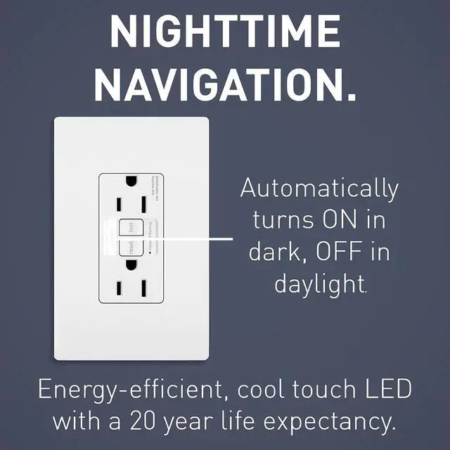 Alt view image 4 of 7 - Legrand Radiant 1597NTLTRWCCD4 15 Amp Night Light GFCI Self Test Tamper-Resistant Decorator Duplex Outlet with Cool Touch LED, White (1 Count)