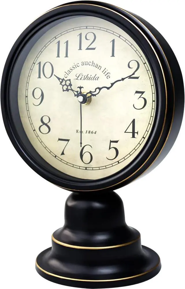 Main image of Mid Century Modern Desk Clock - Vintage Tabletop Metal Clock for Bedroom, Kitchen, Office, Living Room - Silent Decor - Battery Operated - Black