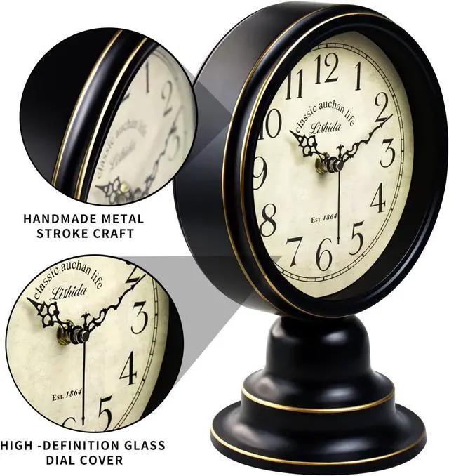 Alt view image 3 of 6 - Mid Century Modern Desk Clock - Vintage Tabletop Metal Clock for Bedroom, Kitchen, Office, Living Room - Silent Decor - Battery Operated - Black