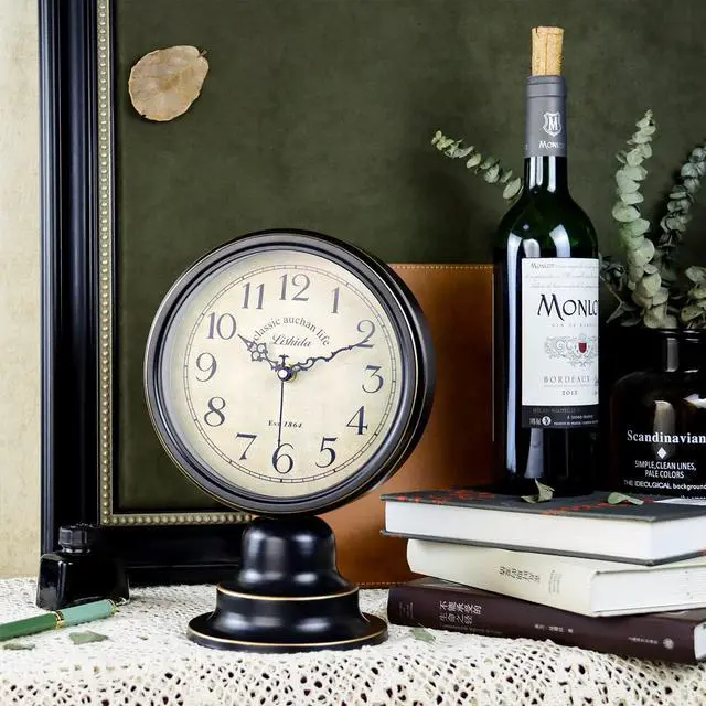 Alt view image 5 of 6 - Mid Century Modern Desk Clock - Vintage Tabletop Metal Clock for Bedroom, Kitchen, Office, Living Room - Silent Decor - Battery Operated - Black