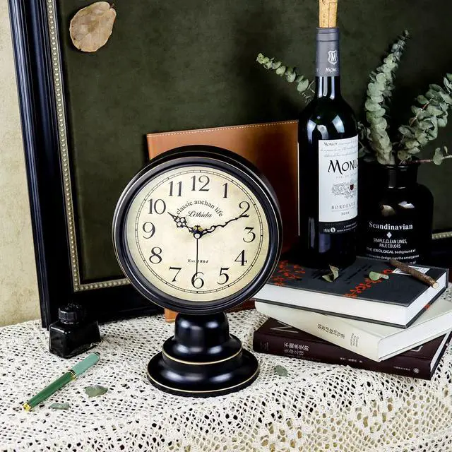 Alt view image 6 of 6 - Mid Century Modern Desk Clock - Vintage Tabletop Metal Clock for Bedroom, Kitchen, Office, Living Room - Silent Decor - Battery Operated - Black
