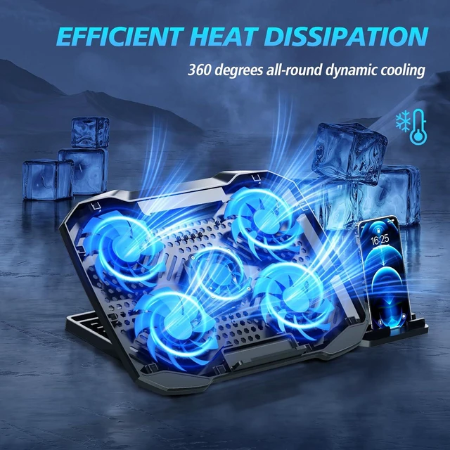 Alt view image 2 of 7 - AIMIUZI Laptop Cooling Pad,Gaming Laptop Cooler with 5 Quiet Fans for 12-15.6 Inch,Laptop Cooling Stand with 5 Height Adjustable,2 USB Ports, Phone Stand