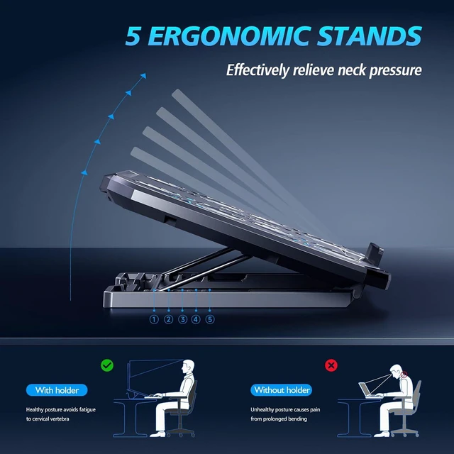Alt view image 4 of 7 - AIMIUZI Laptop Cooling Pad,Gaming Laptop Cooler with 5 Quiet Fans for 12-15.6 Inch,Laptop Cooling Stand with 5 Height Adjustable,2 USB Ports, Phone Stand