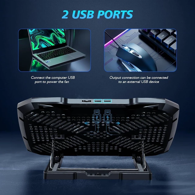 Alt view image 5 of 7 - AIMIUZI Laptop Cooling Pad,Gaming Laptop Cooler with 5 Quiet Fans for 12-15.6 Inch,Laptop Cooling Stand with 5 Height Adjustable,2 USB Ports, Phone Stand