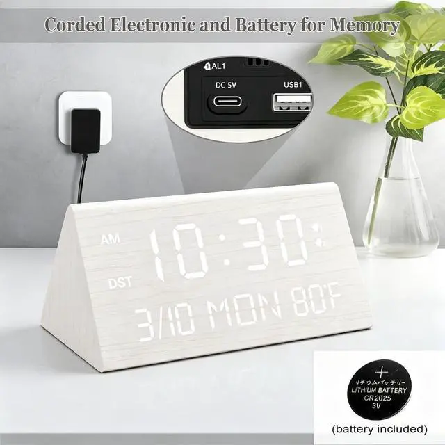 Alt view image 2 of 7 - Premium Wooden Digital Alarm Clock with USB Charging Ports, Dimmable LED Display, Date, Day of Week, Temperature, DST, Clocks for Bedrooms, Desk, Nightstand, Bedside, Table, Office, Living Room Decor