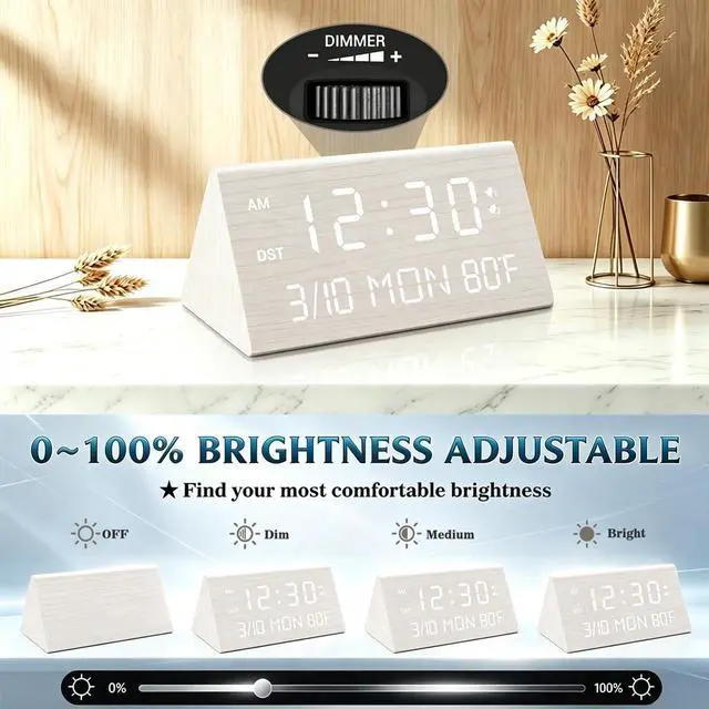 Alt view image 4 of 7 - Premium Wooden Digital Alarm Clock with USB Charging Ports, Dimmable LED Display, Date, Day of Week, Temperature, DST, Clocks for Bedrooms, Desk, Nightstand, Bedside, Table, Office, Living Room Decor