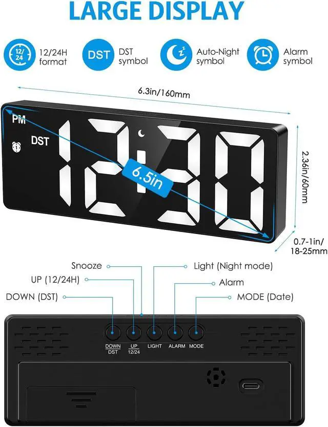 Alt view image 4 of 7 - AMIR Digital Alarm Clock, Large Display LED Bedside Clock for Bedroom