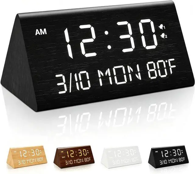 Main image of Premium Wooden Digital Alarm Clock with USB Charging Ports, Dimmable LED Display, Date, Day of Week, Temperature, DST, Clocks for Bedrooms, Desk, Nightstand, Bedside, Table, Office, Living Room Decor
