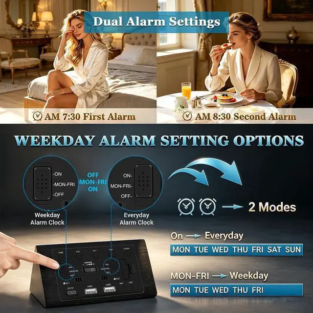 Alt view image 5 of 7 - Premium Wooden Digital Alarm Clock with USB Charging Ports, Dimmable LED Display, Date, Day of Week, Temperature, DST, Clocks for Bedrooms, Desk, Nightstand, Bedside, Table, Office, Living Room Decor