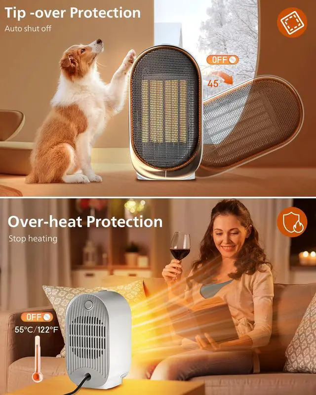 Alt view image 4 of 6 - QQT 1000W Ceramic Heater,Safe 2 Modes,30dB,41-86°F for Bedroom Office