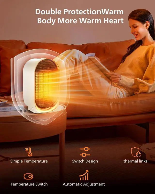 Alt view image 5 of 6 - QQT 1000W Ceramic Heater,Safe 2 Modes,30dB,41-86°F for Bedroom Office