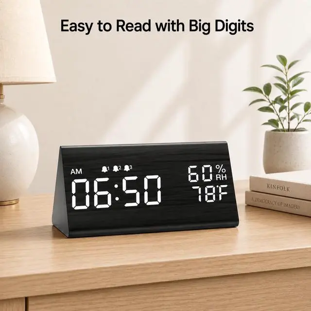 Alt view image 2 of 7 - JALL Wooden Digital Alarm Clock for Bedrooms and Office, 3 Alarms with Big Digits, Humidity and Temperature Display, 6-Level Dimmer, Snooze, Loud Desk Clock for Heavy Sleepers, Plug in (Black)