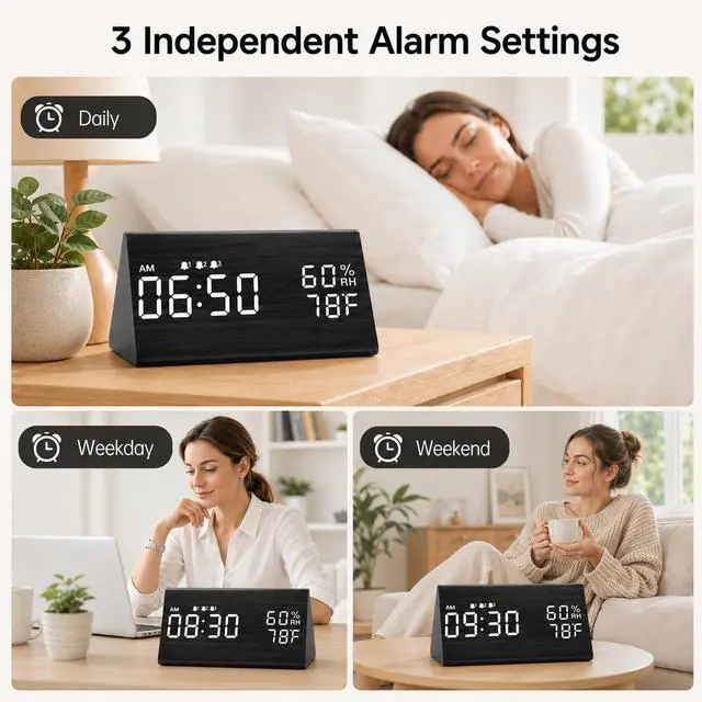 Alt view image 4 of 7 - JALL Wooden Digital Alarm Clock for Bedrooms and Office, 3 Alarms with Big Digits, Humidity and Temperature Display, 6-Level Dimmer, Snooze, Loud Desk Clock for Heavy Sleepers, Plug in (Black)