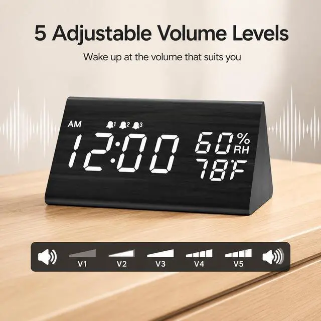 Alt view image 5 of 7 - JALL Wooden Digital Alarm Clock for Bedrooms and Office, 3 Alarms with Big Digits, Humidity and Temperature Display, 6-Level Dimmer, Snooze, Loud Desk Clock for Heavy Sleepers, Plug in (Black)