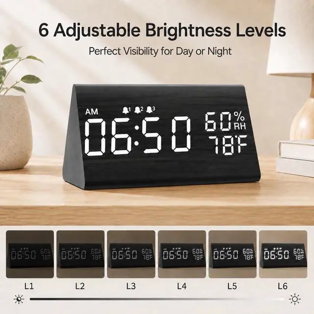 Alt view image 3 of 7 - JALL Wooden Digital Alarm Clock for Bedrooms and Office, 3 Alarms with Big Digits, Humidity and Temperature Display, 6-Level Dimmer, Snooze, Loud Desk Clock for Heavy Sleepers, Plug in (Black)