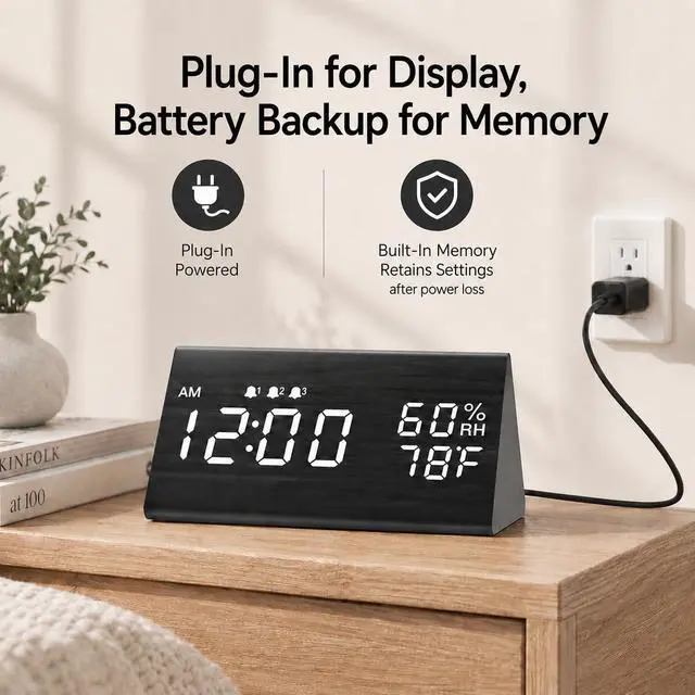 Alt view image 6 of 7 - JALL Wooden Digital Alarm Clock for Bedrooms and Office, 3 Alarms with Big Digits, Humidity and Temperature Display, 6-Level Dimmer, Snooze, Loud Desk Clock for Heavy Sleepers, Plug in (Black)