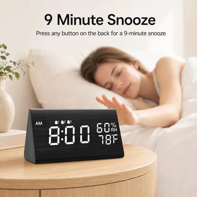 Alt view image 7 of 7 - JALL Wooden Digital Alarm Clock for Bedrooms and Office, 3 Alarms with Big Digits, Humidity and Temperature Display, 6-Level Dimmer, Snooze, Loud Desk Clock for Heavy Sleepers, Plug in (Black)