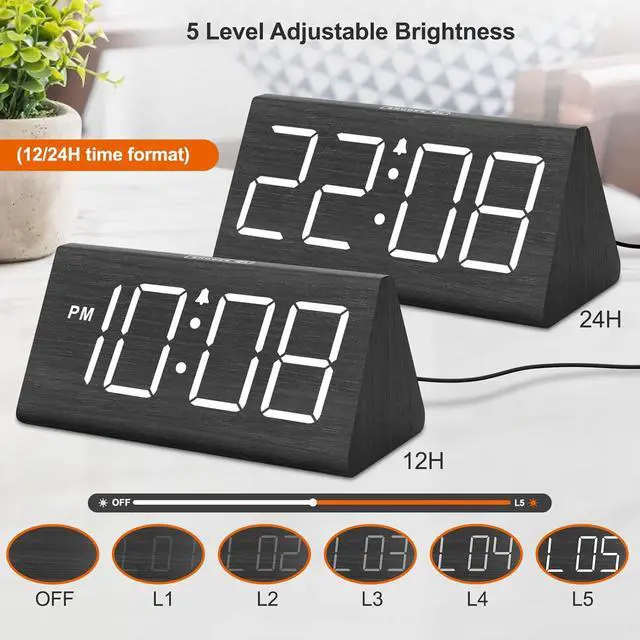 Alt view image 4 of 7 - DreamSky Wooden Digital Alarm Clock for Bedroom Living Room, Large Numbers