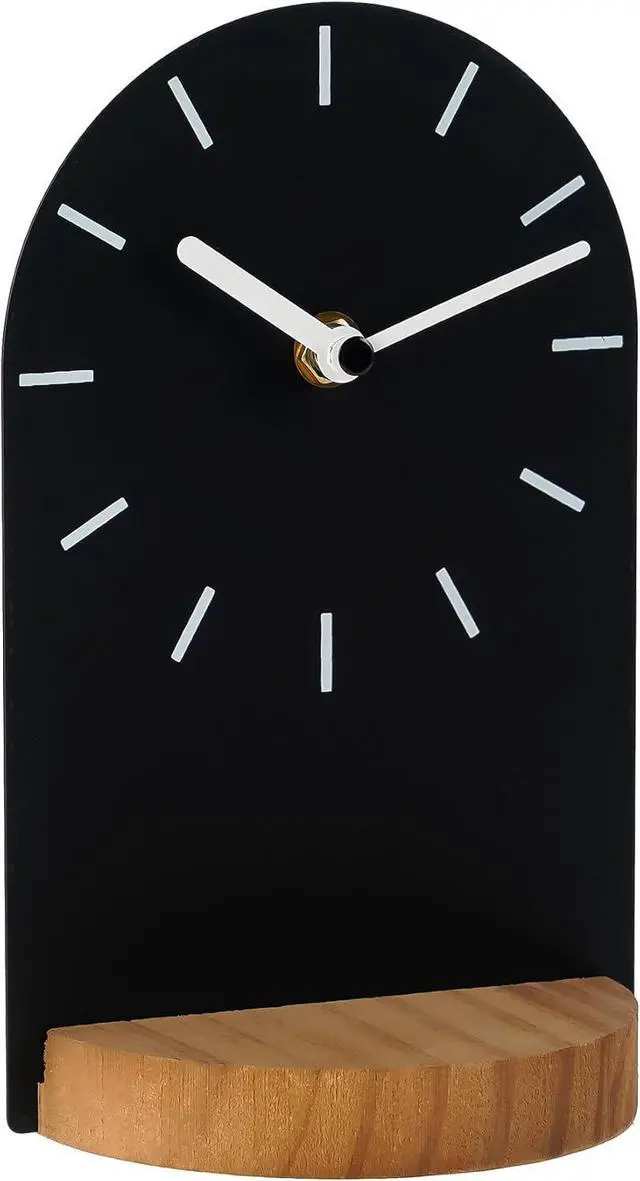Main image of SOFFEE DESIGN One-Piece Table Clock Iron Sheet with Wooden Base Ins Style, Desktop Clock Non Ticking Battery Operated for Living Room Bedroom Home Decor, Black