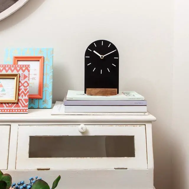 Alt view image 3 of 7 - SOFFEE DESIGN One-Piece Table Clock Iron Sheet with Wooden Base Ins Style, Desktop Clock Non Ticking Battery Operated for Living Room Bedroom Home Decor, Black