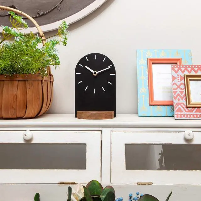 Alt view image 2 of 7 - SOFFEE DESIGN One-Piece Table Clock Iron Sheet with Wooden Base Ins Style, Desktop Clock Non Ticking Battery Operated for Living Room Bedroom Home Decor, Black