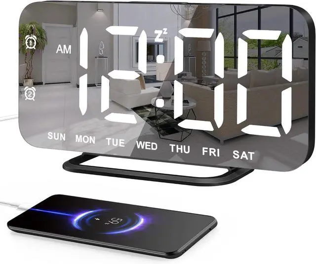 Main image of JALL Slim LED Digital Alarm Clock, Mirror Surface for Makeup, with Diming, Large Display, Easy Setting, USB Ports, Modern Decor for Bedroom, Desk, Gift for Women, Sister, College Girl, Black