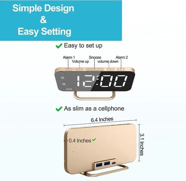 Alt view image 2 of 7 - JALL Slim LED Digital Alarm Clock, Mirror Surface for Makeup, with Diming, Large Display, Easy Setting, USB Ports, Modern Decor for Bedroom, Desk, Gift for Women, Sister, College Girl, Black