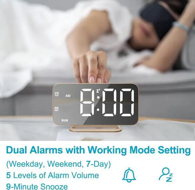 Alt view image 4 of 7 - JALL Slim LED Digital Alarm Clock, Mirror Surface for Makeup, with Diming, Large Display, Easy Setting, USB Ports, Modern Decor for Bedroom, Desk, Gift for Women, Sister, College Girl, Black