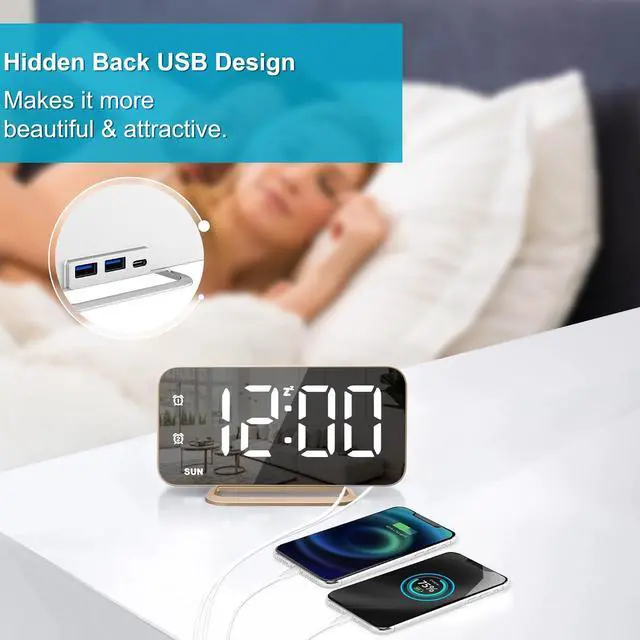 Alt view image 5 of 7 - JALL Slim LED Digital Alarm Clock, Mirror Surface for Makeup, with Diming, Large Display, Easy Setting, USB Ports, Modern Decor for Bedroom, Desk, Gift for Women, Sister, College Girl, Black