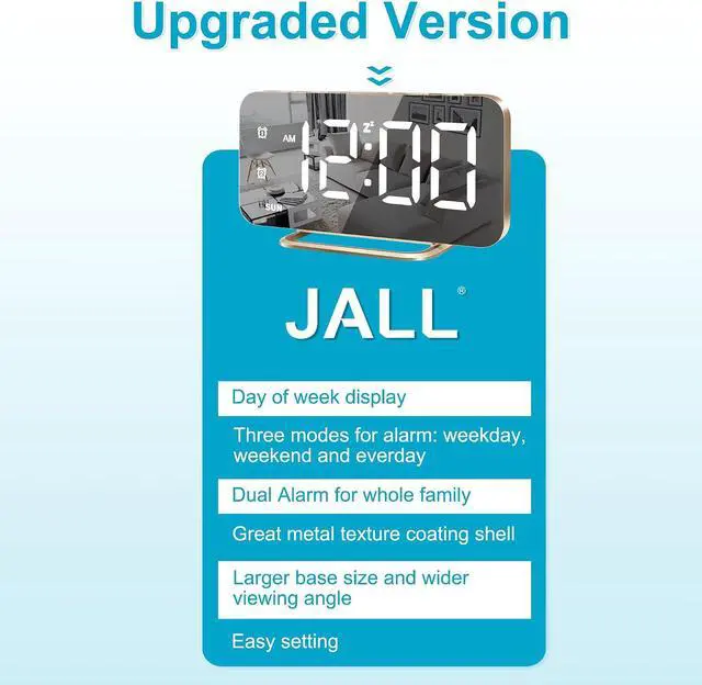 Alt view image 6 of 7 - JALL Slim LED Digital Alarm Clock, Mirror Surface for Makeup, with Diming, Large Display, Easy Setting, USB Ports, Modern Decor for Bedroom, Desk, Gift for Women, Sister, College Girl, Black