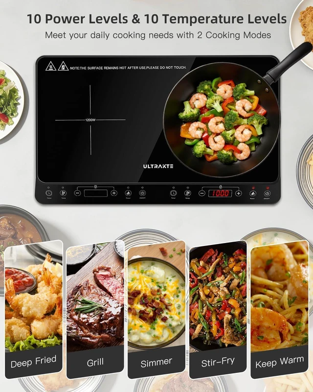Alt view image 2 of 7 - Double Induction Cooktop, ULTRAKTE Portable Dual Countertop Burner with Sensor Touch, 1800W Induction Cooktop 2 Burner, Electric Countertop Cooker with 10 Temp & Power Levels, 8-Hour Timer,Safety Lock