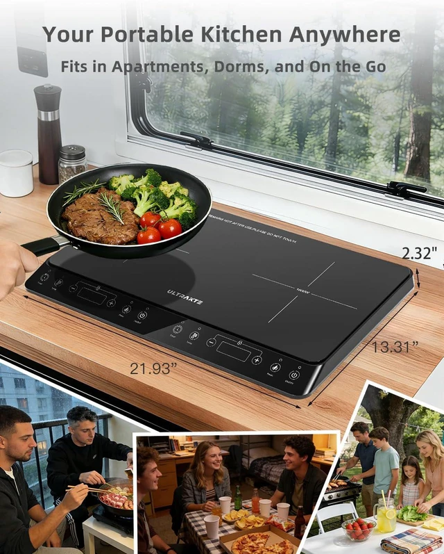 Alt view image 4 of 7 - Double Induction Cooktop, ULTRAKTE Portable Dual Countertop Burner with Sensor Touch, 1800W Induction Cooktop 2 Burner, Electric Countertop Cooker with 10 Temp & Power Levels, 8-Hour Timer,Safety Lock