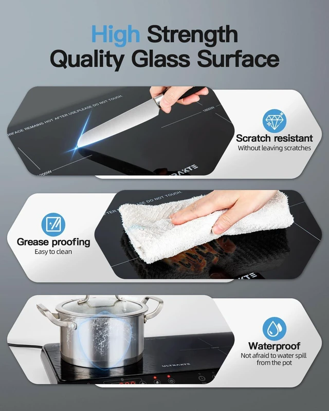 Alt view image 5 of 7 - Double Induction Cooktop, ULTRAKTE Portable Dual Countertop Burner with Sensor Touch, 1800W Induction Cooktop 2 Burner, Electric Countertop Cooker with 10 Temp & Power Levels, 8-Hour Timer,Safety Lock