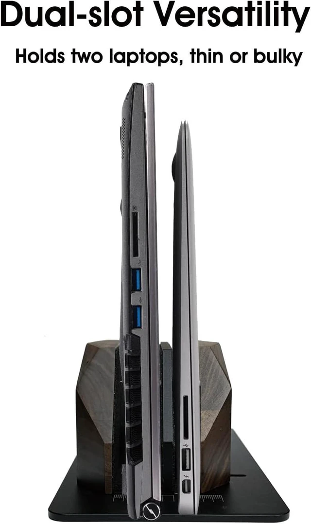 Alt view image 5 of 7 - Walnut Vertical Laptop Stand, Dual Slot Wood Laptop Holder for Desk