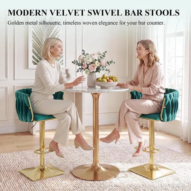 Alt view image 3 of 7 - Velvet Swivel Bar Stools Set, Kitchen Island with Hand Woven