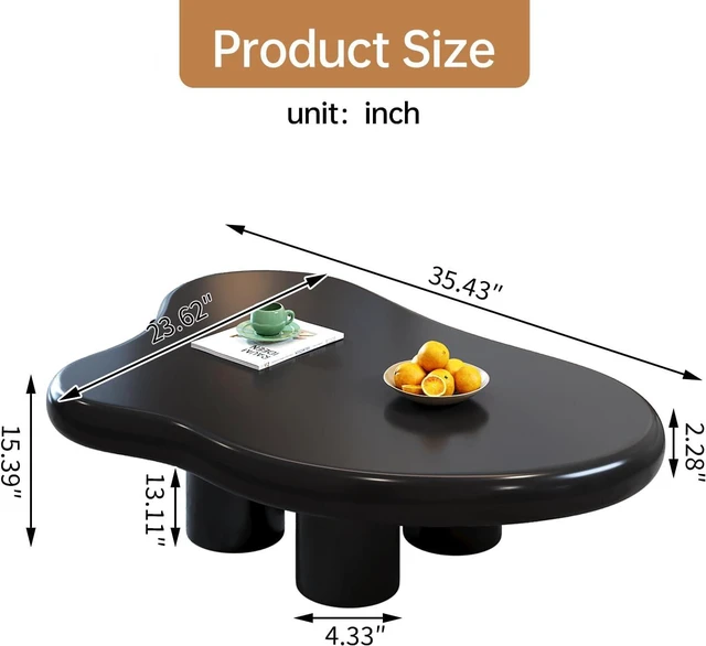 Alt view image 2 of 7 - 35.43" Black Cloud Coffee Table, Modern Round Edge Coffee Table with 4 Sturdy Support Legs and 2.28" Thick Tabletop,Easy Match for Living Room, Bedroom, Balcony,Patio