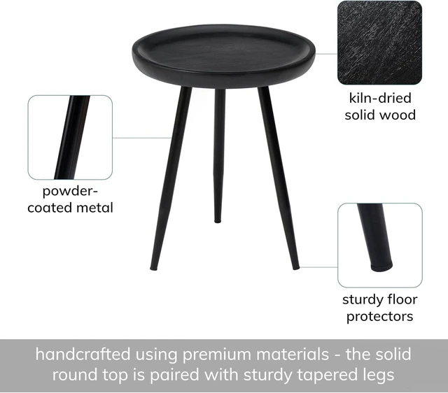 Alt view image 3 of 6 - MH London Lydia Round Small End Table & Side Table Solid Wood, Black top with Black Metal Legs, Nightstand, 15.75"x15.75"x18"