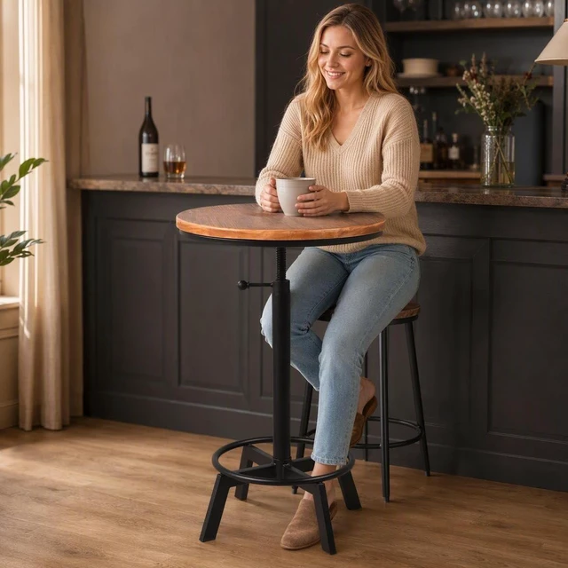 Alt view image 2 of 7 - Farmhouse Bar Table 30-35.4inch Height Adjustable Rustic Bistro Pub Table for Kitchen Coffee House Vintage Cocktail Table Swivel Wooden Top