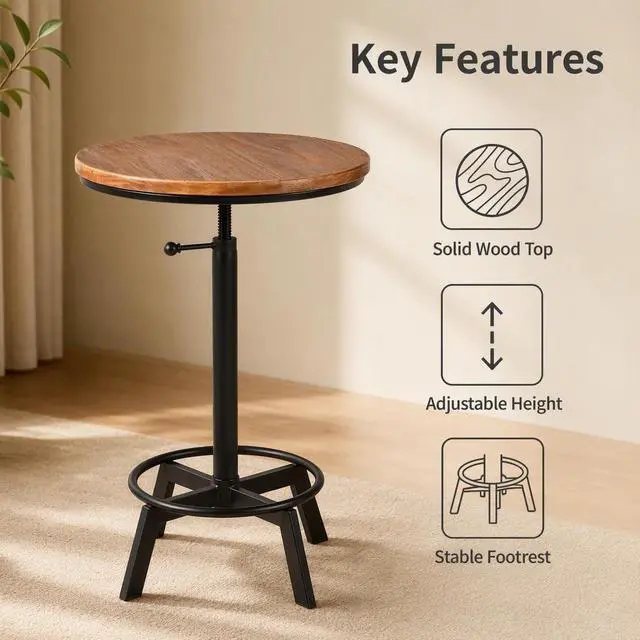 Alt view image 4 of 7 - Farmhouse Bar Table 30-35.4inch Height Adjustable Rustic Bistro Pub Table for Kitchen Coffee House Vintage Cocktail Table Swivel Wooden Top